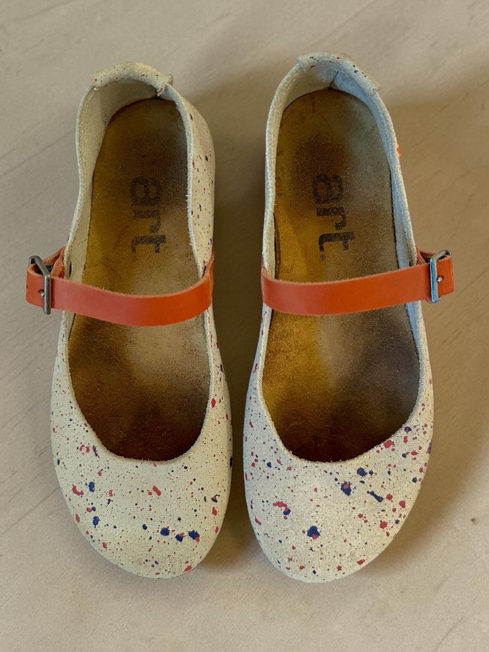 Art Cream Paint-Splatter Mary Jane Flats with Orange Strap Woman Size 37